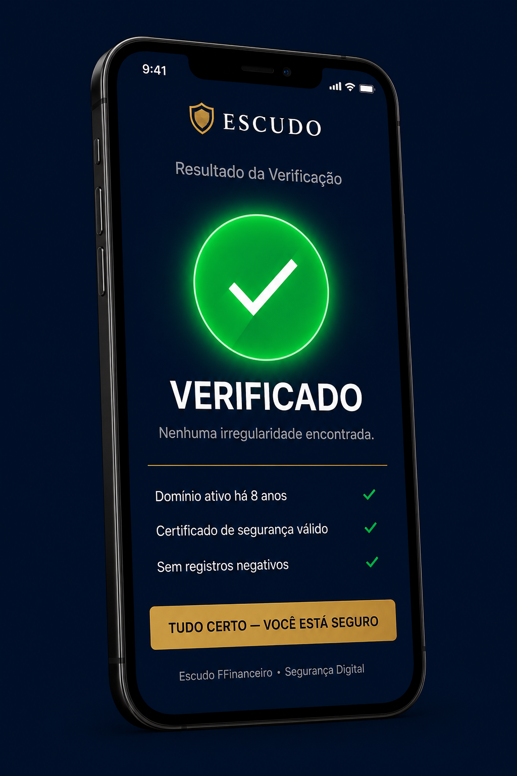 Tela do Escudo — resultado verde, link seguro verificado